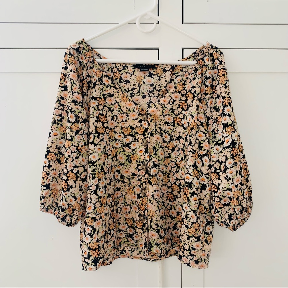 Sanctuary Black/Pink Floral Puff Sleeve Top Size Large
